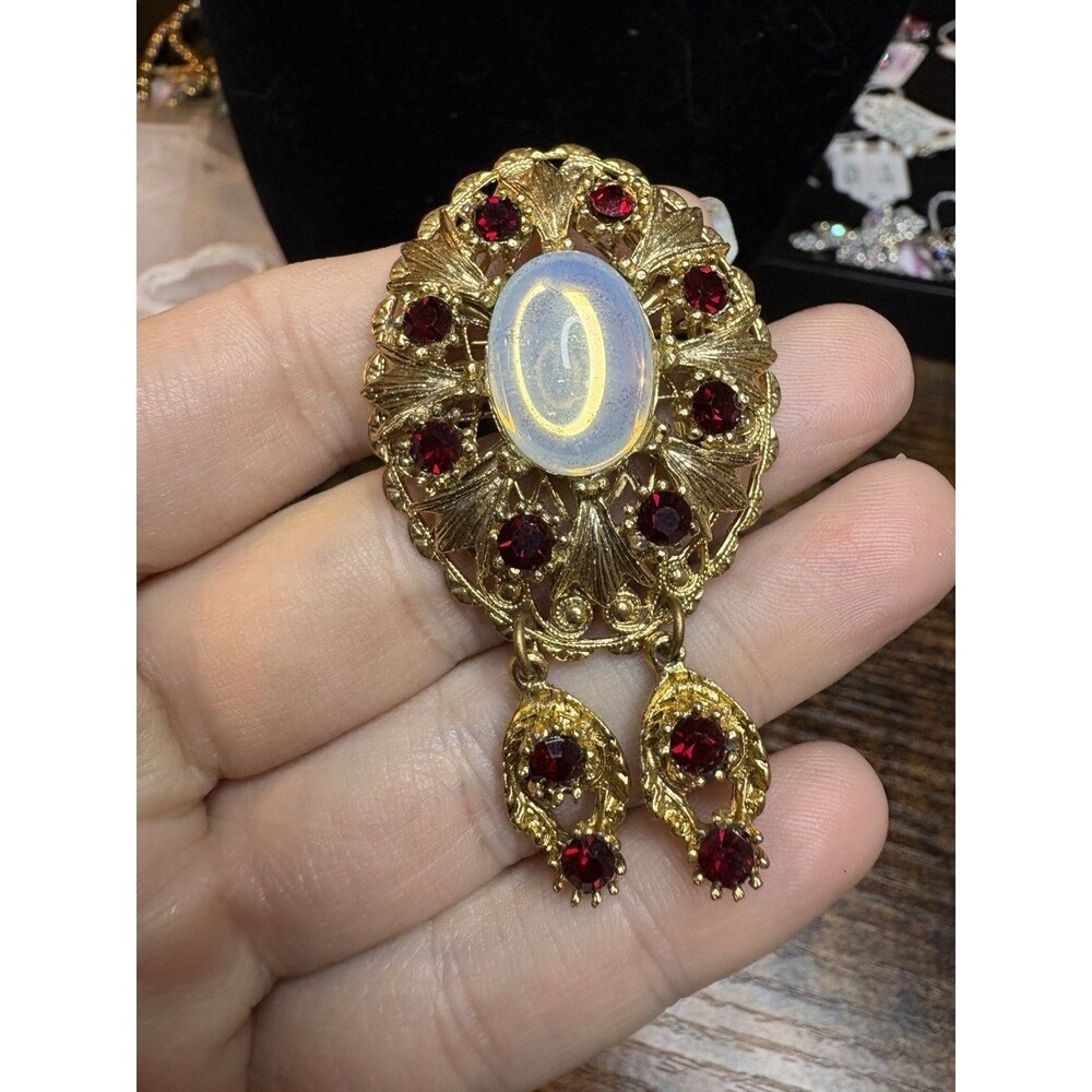 Vintage Opaline Glass Red Rhinestone Brooch Pendant Dangle Gold Tone Ornate